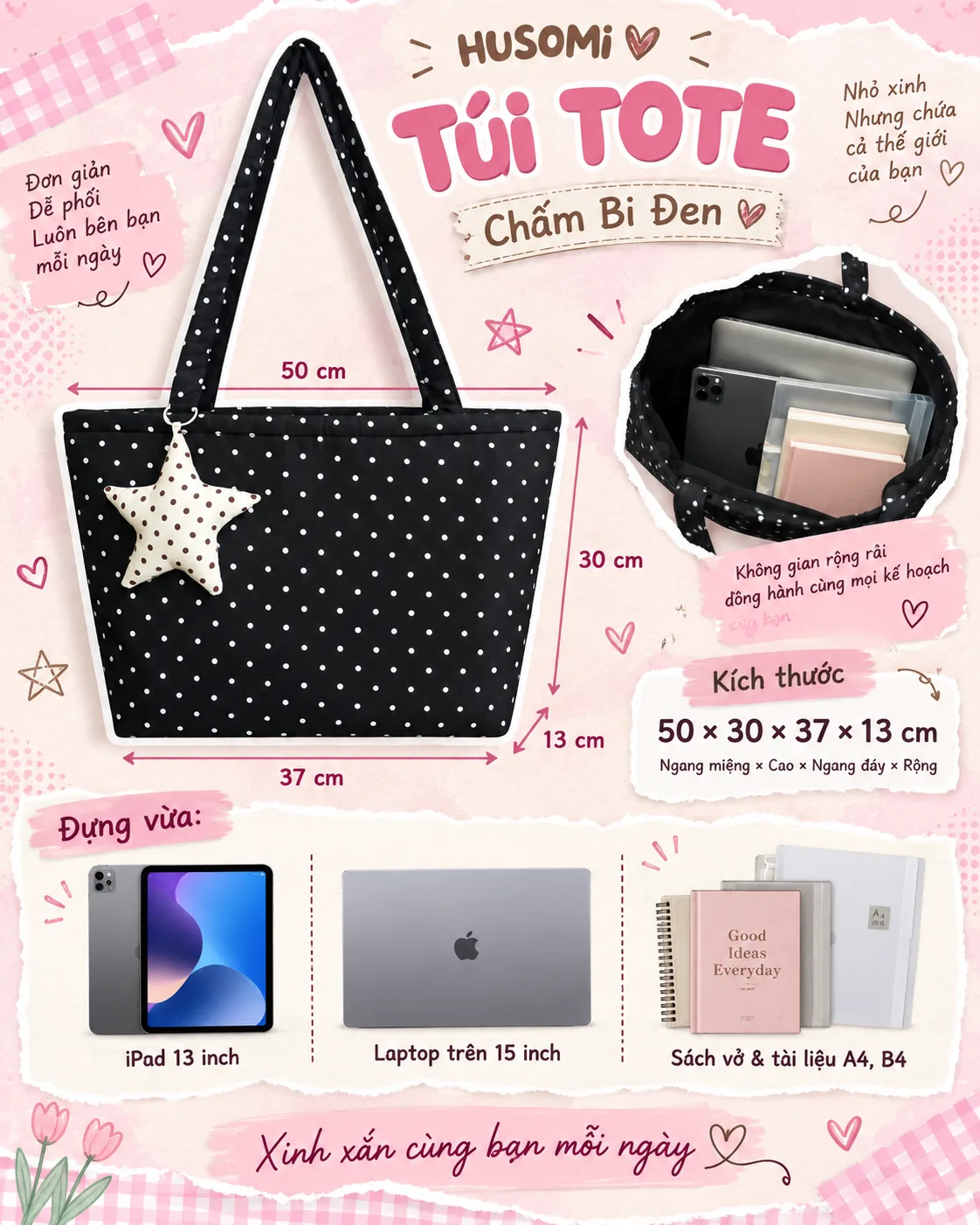 Túi Tote Nữ Chấm Bi Đen — ảnh 4