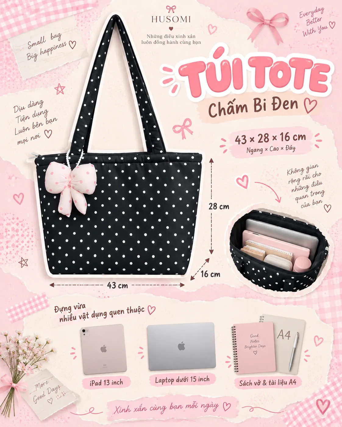 Túi Tote Nữ Chấm Bi Đen — ảnh 3