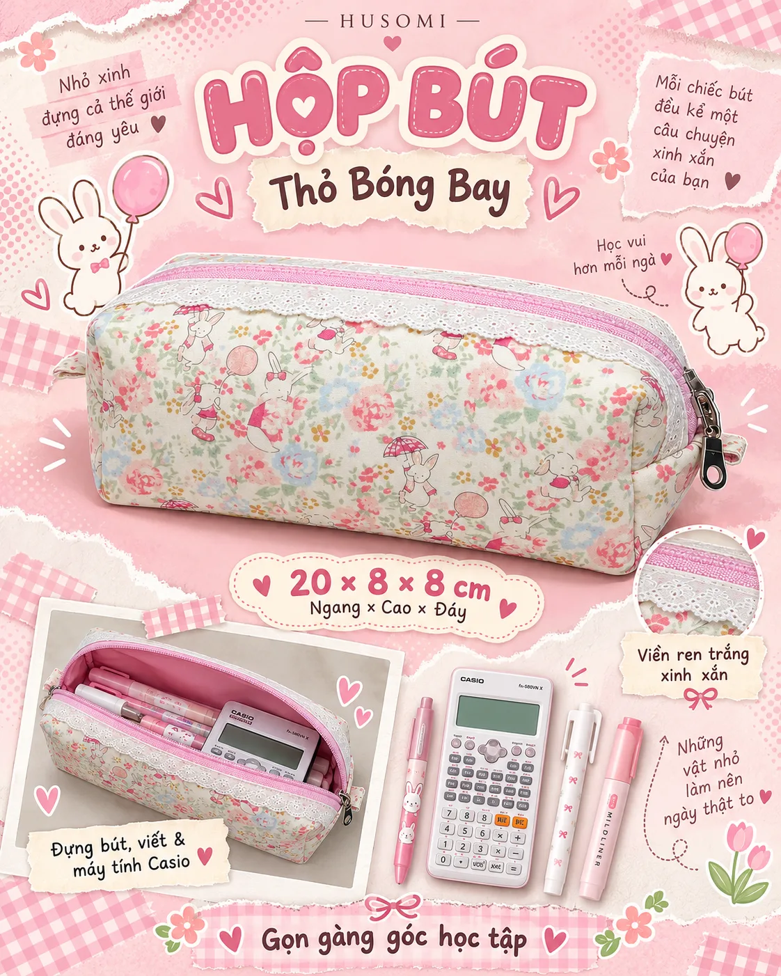 Hộp bút cute form đứng 20 × 8 × 8 cm